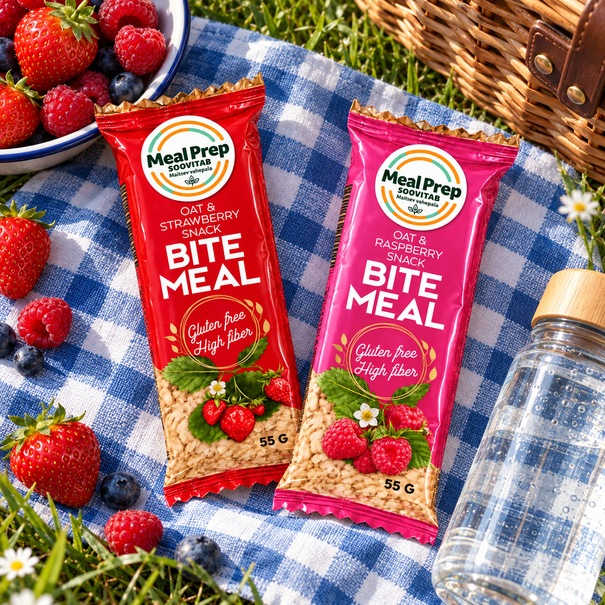Strawberry and raspberry bars on a picnic blanket